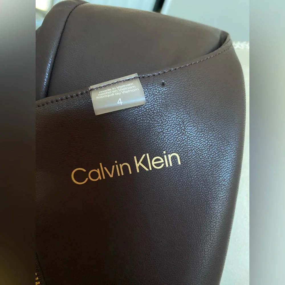 NWT Calvin Klein Belted Faux Leather Sheath Dress - Espresso Brown - Picture 15 of 16